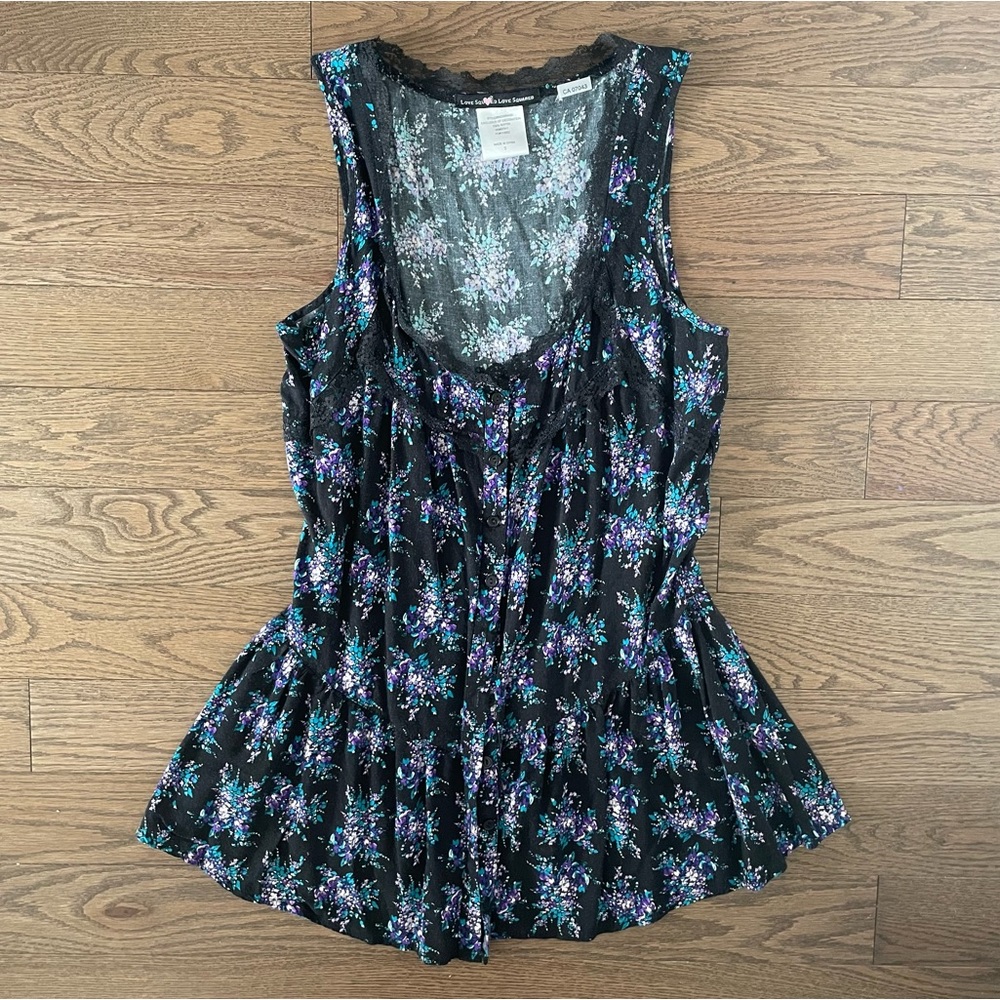 Y2K Retro 90’s Floral Print Button-Down Tank Top Blouse - Black, Purple, & Blue
